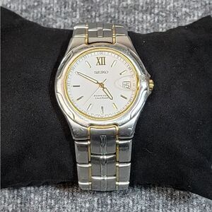 Seiko Perpetual Calendar Stainless Steel 18K Gold Mens Watch 8F32-970J